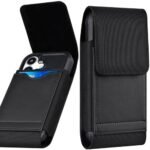 ykooe Holster Compatible with iPhone Pro Max (16 15 14 13 12 11) Galaxy Plus/FE (S25 S24 S23 S22 S21), Nylon Cell Phone Belt Holder Case with Clip and Leather Card Pouch for Men, Black -L