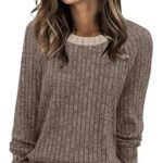 WIHOLL Long Sleeve Shirts for Women Lightweight Sweaters Fall Outfits 2025 Color Block Winter Clothing Dressy Casual Soft