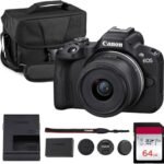 Kit de cámara sin espejo Canon EOS R50: cámara RF con sensor APS-C, objetivo de 18-45 mm, vídeo 4K, enfoque automático Dual Pixel AF II y pantalla táctil orientable (5811C012) + bolsa de hombro + tarjeta de memoria de 64 GB