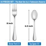 Juego de cubiertos de 16 piezas (tenedores y cucharas), juego de cubiertos de acero inoxidable apto para uso alimentario para el hogar, la cocina y restaurantes, pulido a espejo, apto para el lavavajillas: 8 tenedores de mesa (8 pulgadas) y 8 cucharas de té (6,5 pulgadas) - Imagen 2