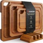 Tablas de cortar de bambú carbonizadas de Astercook para cocina con soporte de madera para guardarlas, tablas reversibles para charcutería y para cortar con ranuras para el jugo y asas de fácil agarre, aptas para cuchillos, regalo de cocina
