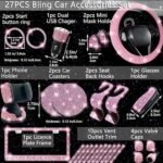 Juego de 27 accesorios para coche «Bling» de NBTEPEM: fundas universales para el volante, marcos para matrículas, soporte para el móvil, cargador rápido para coche y posavasos (rosa)